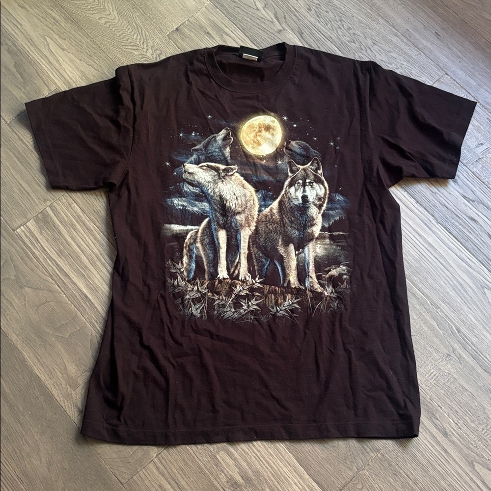 Jay's Rock|Native American Wolf Print TShirt Double Sided All Over Black Size XL